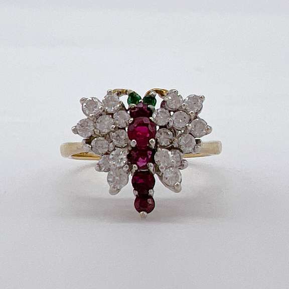 18kt Gold, Diamond, Ruby, & Emerald Butterfly Ring
