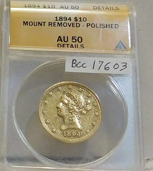1894 GOLD $10 Lib ANACS AU-50 Det