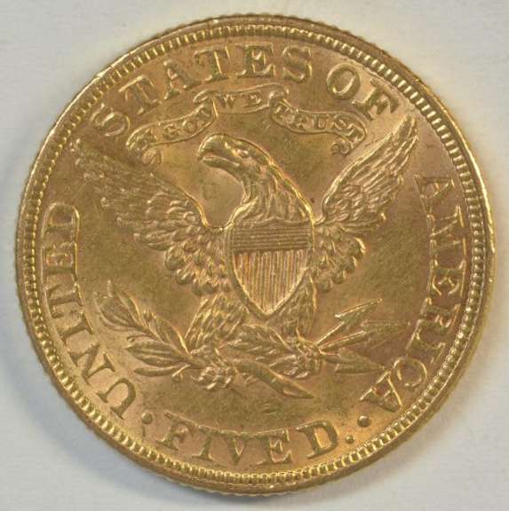 Lustrous 1893 US $5 Liberty Gold Piece in AU