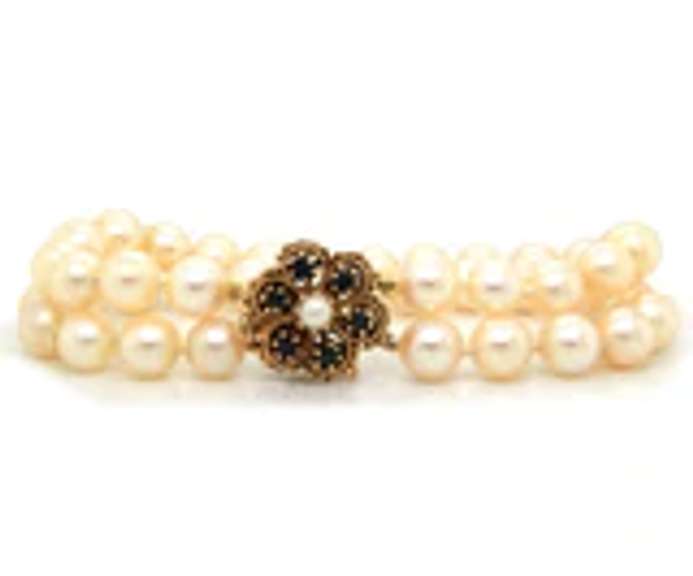 Stunning Cultured Pearl Double Strand Sapphire Flower Clasp Bracelet