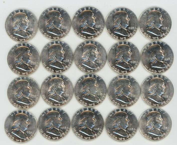 Choice BU Roll of 20 1963 Franklin Half Dollars. Flashy-white