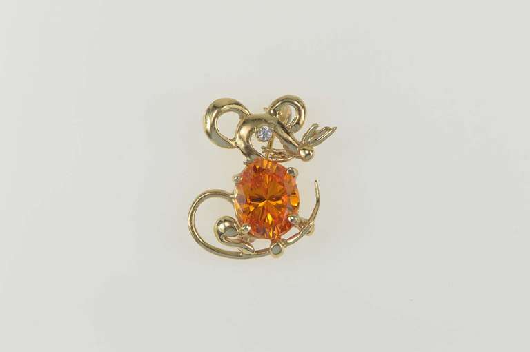 14K Yellow Gold Oval Syn. Mexican Fire Opal Diamond Mouse Pin/Brooch