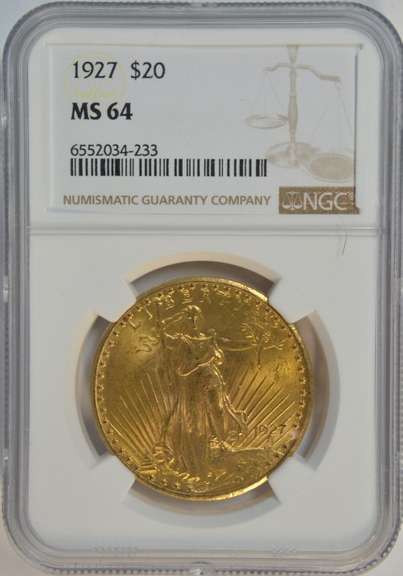 Blazing near Gem BU 1927 St. Gaudens $20 Gold. NGC MS64