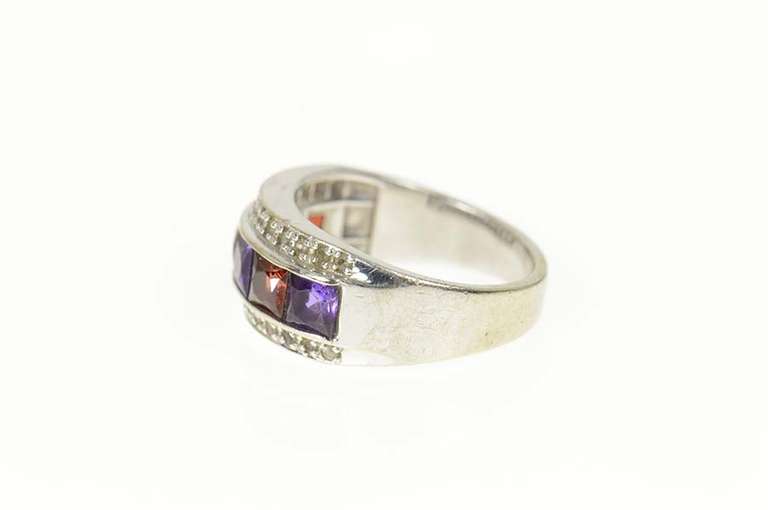 14K White Gold Garnet Amethyst Diamond Statement Band Ring
