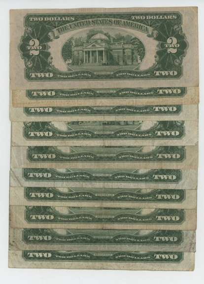 Lot of 10 Series of 1928 Small size $2 Red Seal Notes