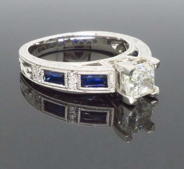 Carved 14k White Gold Diamond and Sapphire Ring