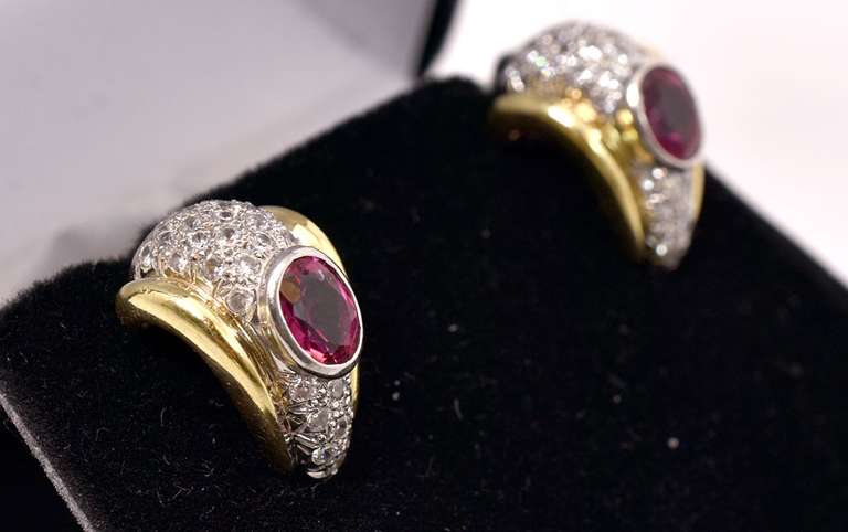 Tasteful Rubellite Tourmaline and Diamond Earrings in 18K Two-Tone Gold