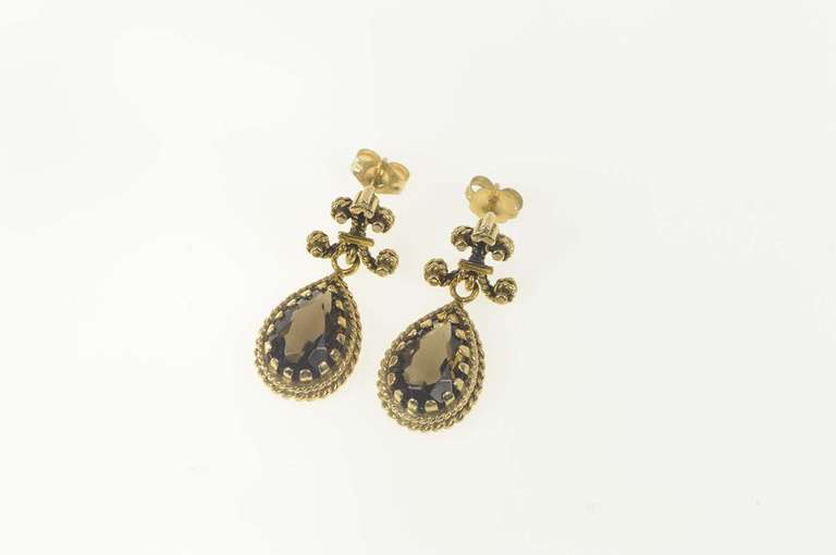 14K Yellow Gold Ornate Pear Smoky Quartz Dangle Statement Earrings