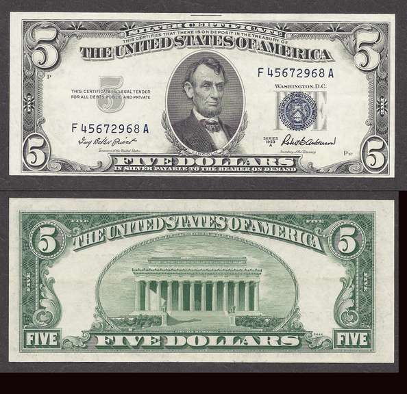 $5 1953-A Silver Certificate Blue Seal and Serial Numbers lightly circulated