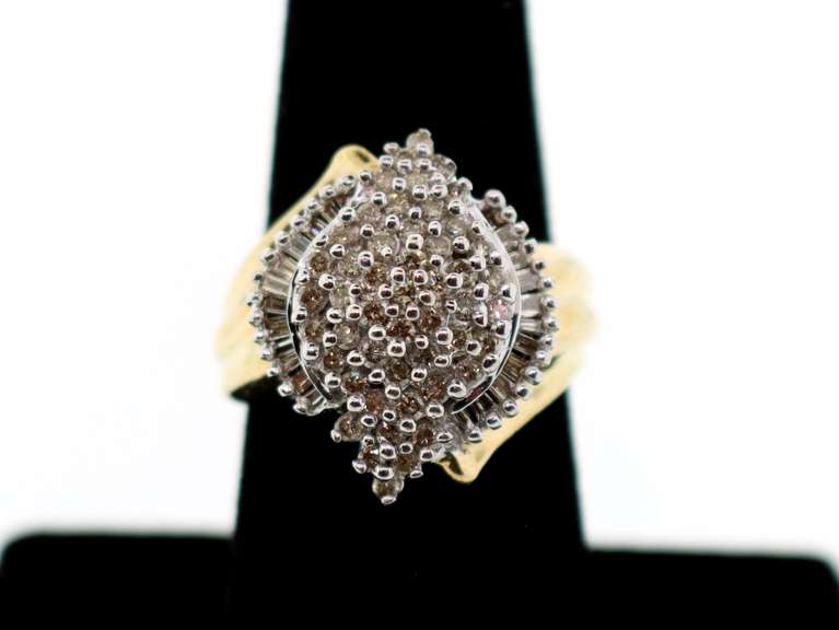 Jutting Diamond Cluster 10k Gold Ring Rimmed with Baguette Diamonds