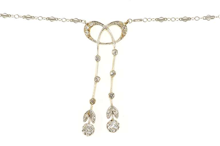 14K Yellow Gold 0.74 Ctw Edwardian Diamond Bow Drop Chain Necklace