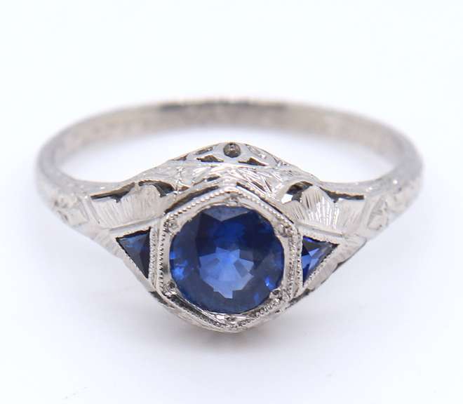 Antique Platinum Synthetic and Natural Sapphire Engraved Ring