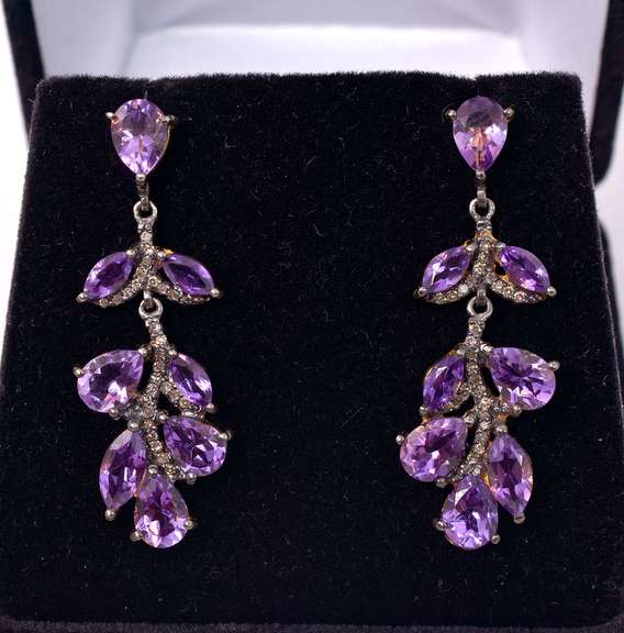 Dazzling Dangling 19.76CTW Amethyst & 0.31CTW Diamond Earrings in Gold Plated Sterling Silver