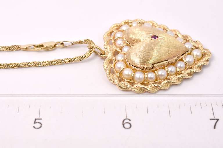 Ravishing Ruby and Pearl Locket Pendant Necklace in 14K Yellow Gold