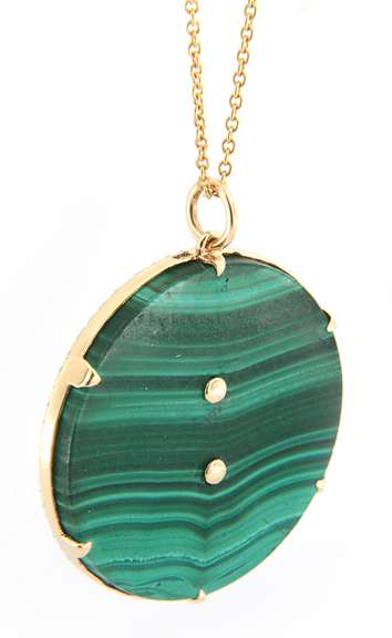 Fabulous Yellow Gold Moonstone Diamond and Malachite Disc Pendant on Chain
