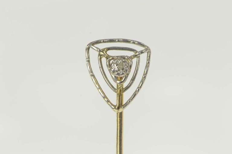 14K Yellow Gold Diamond Inset Art Deco Ornate Statement Stick Pin
