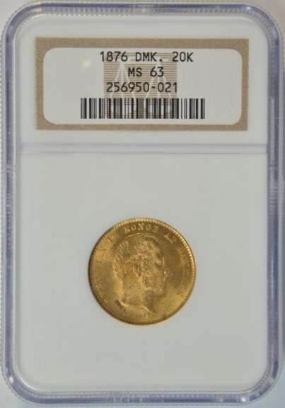 Super Choice BU 1876 Denmark 20 Kroner Gold Piece. NGC MS63