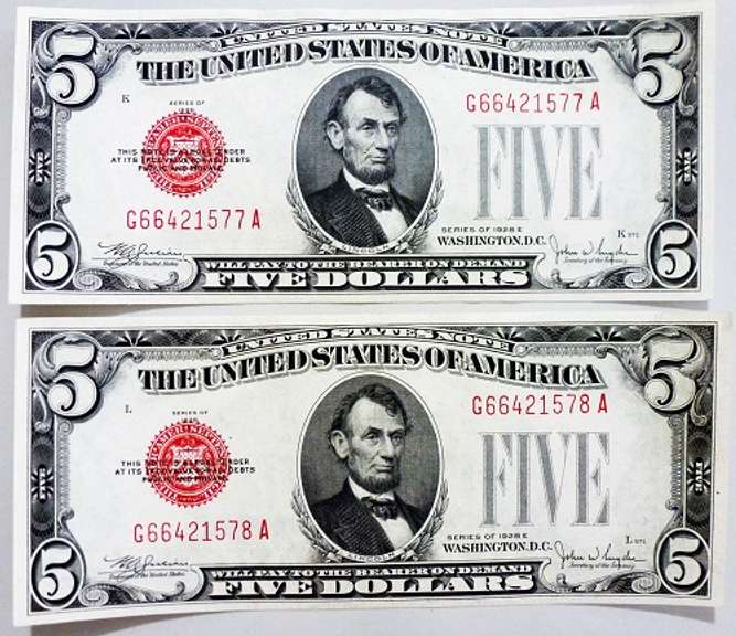 (2) Superb Crisp 1928E $5 Red Seal Notes-Consecutive!