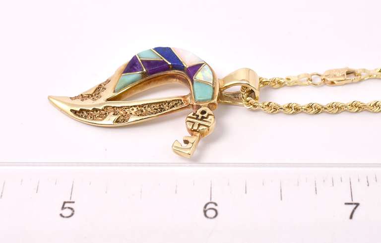Sensational Southwestern Gemstone Pendant Necklace in 14K Yellow Gold. Signed.