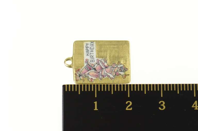 14K Yellow Gold 1960's Enamel Flower Happy Birthday Card Charm/Pendant