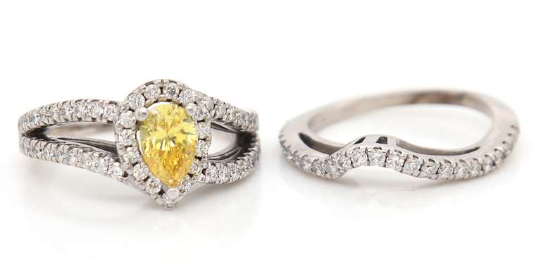 Gorgeous White Gold Pear Irradiated Yellow and White Diamond Frame Bridal Set