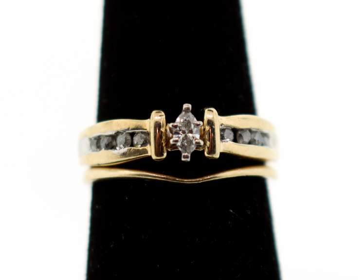 Shiny 10k Gold Oval Diamond Ring Flanked with Baguette Diamonds