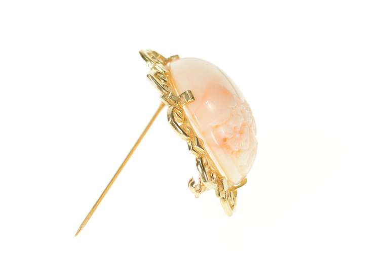 14K Yellow Gold Carved Coral Cherry Blossom Statement Pin/Brooch