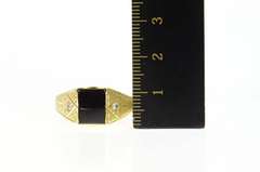 18K Yellow Gold Black Onyx Squared Diamond Accent Etched Ring