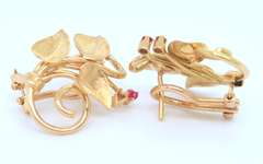 Vintage 18kt Ivy and Synthetic Ruby Earrings