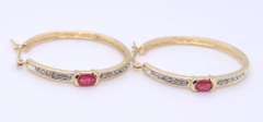 Charming Yellow Gold oval Ruby & Diamond Hoop Earrings