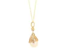 Special Yellow Gold Diamond and Pearl Teardrop Pendant on Chain