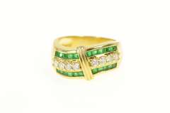 18K Yellow Gold 1.58 Ctw Emerald Diamond Wavy Band Ring