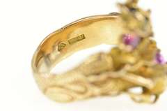 14K Yellow Gold Elaborate Chinese Dragon Ruby Men's Ring