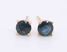 Stunning Yellow Gold Blueish Green Sapphire Stud Earrings