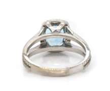 Incredible 18kt Aquamarine and Diamond Cushion Halo Split Shank Ring