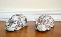 Vintage Chinoiserie Hand Painted Ceramic Cat Decorative Figures With Floral Pattern