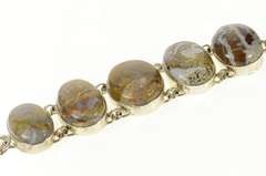 Sterling Silver Brown & White Agate Cabochon Ornate Chain Bracelet