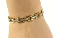 14K Yellow Gold 1.20 Ctw Diamond Two Tone Bar Link Chain Bracelet