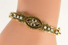 14K Yellow Gold Ornate Diamond Opal Statement Bangle Bracelet