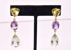 Incredible Green Amethyst, Amethyst and Lemon Citrine Earrings in 18K Yellow Gold