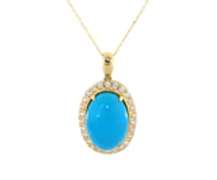 Stunning Yellow Gold oval Turqouise and Diamond Frame on Chain