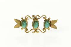 14K Yellow Gold Oval Turquoise Retro Leaf Scroll Bar Pin/Brooch