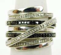 Fabulous Wide White & Black Diamonds Sterling Ring, 6