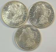 Flashy BU 1921 P-D-S Morgan Silver Dollars. Nice