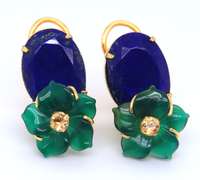 Gold Plated Signed Green Chalk and Lapis Earrings