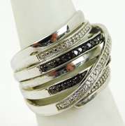 Fabulous Wide White & Black Diamonds Sterling Ring, 6