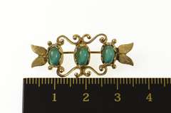 14K Yellow Gold Oval Turquoise Retro Leaf Scroll Bar Pin/Brooch