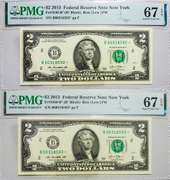 (2) Superb Gem Crisp 2013 $2 Star Notes FRB NY PMG 67 EPQ-Consecutive!
