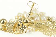 14K Yellow Gold Ornate Scroll Filigree Pearl Fringe Dangle Earrings