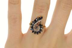 14K Yellow Gold Marquise Natural Sapphire Diamond Swirl Ring